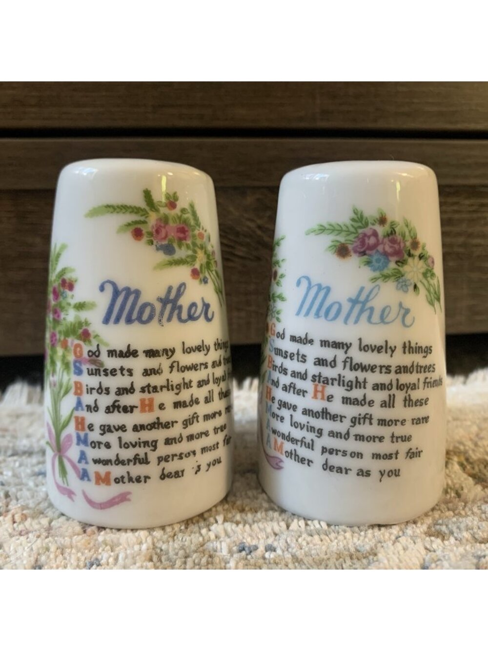 Vintage Japan Mother Poem Floral Salt Pepper Shakers Porcelain 2.8" Pair